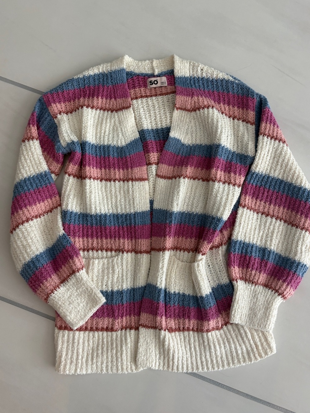 SO Cream Cardigan with Pink and Blue Stripes